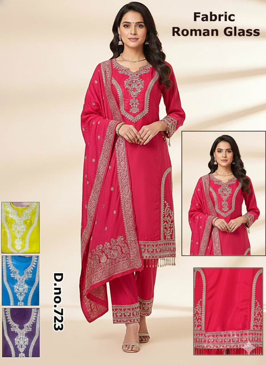 Roman Glass Embroidered Kurti Set with Dupatta