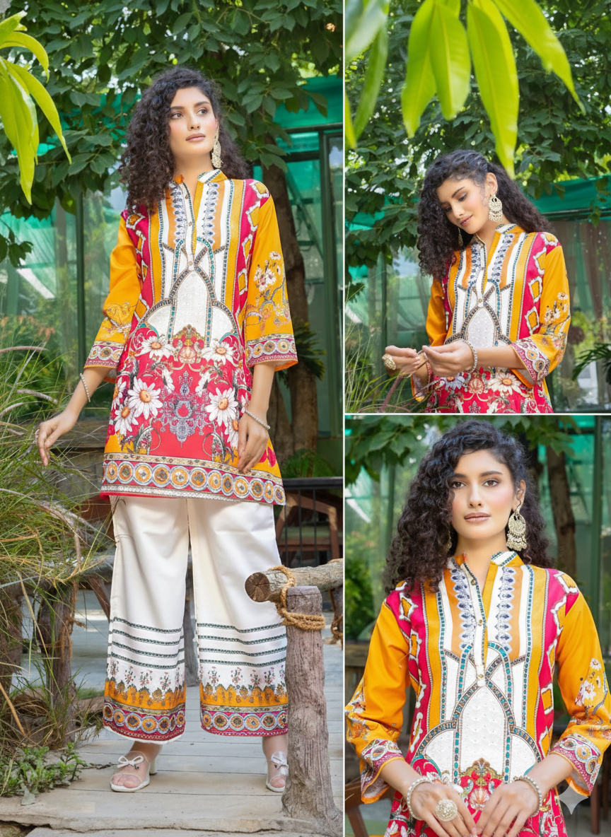 Poly Rayon Printed Cord Set with White Pants