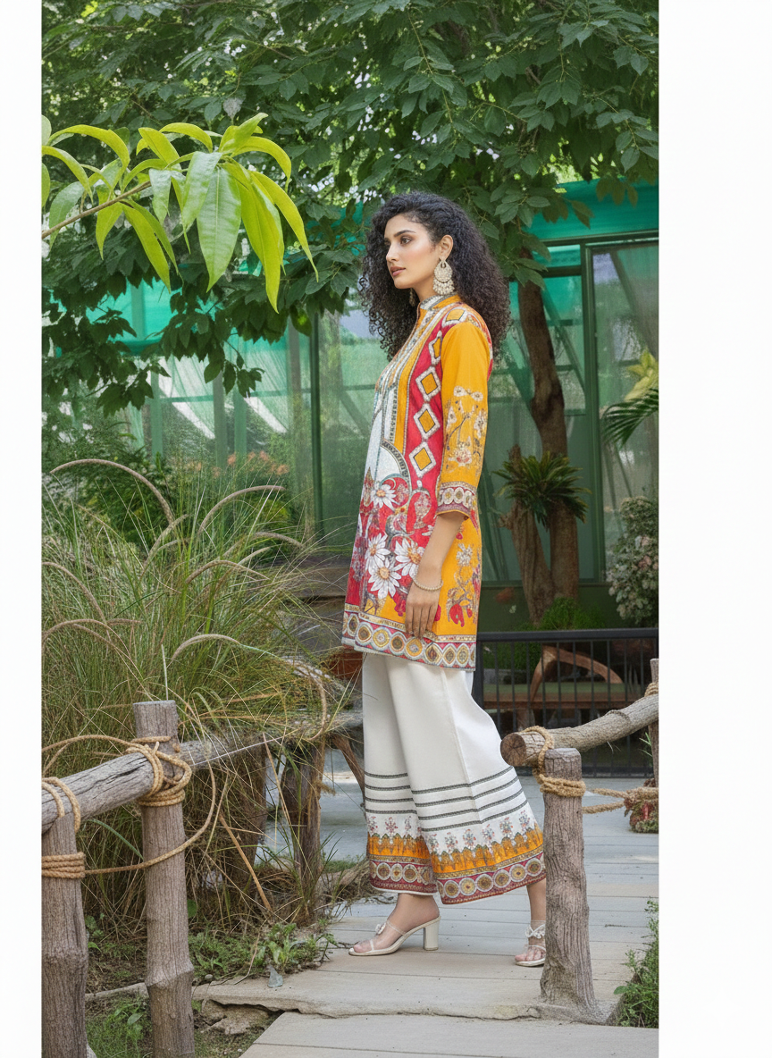 Poly Rayon Printed Cord Set with White Pants