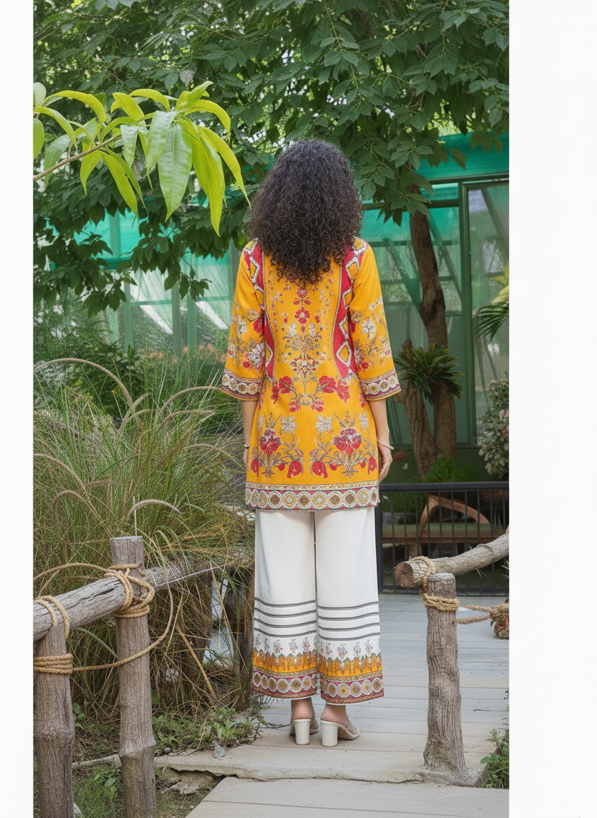 Poly Rayon Printed Cord Set with White Pants