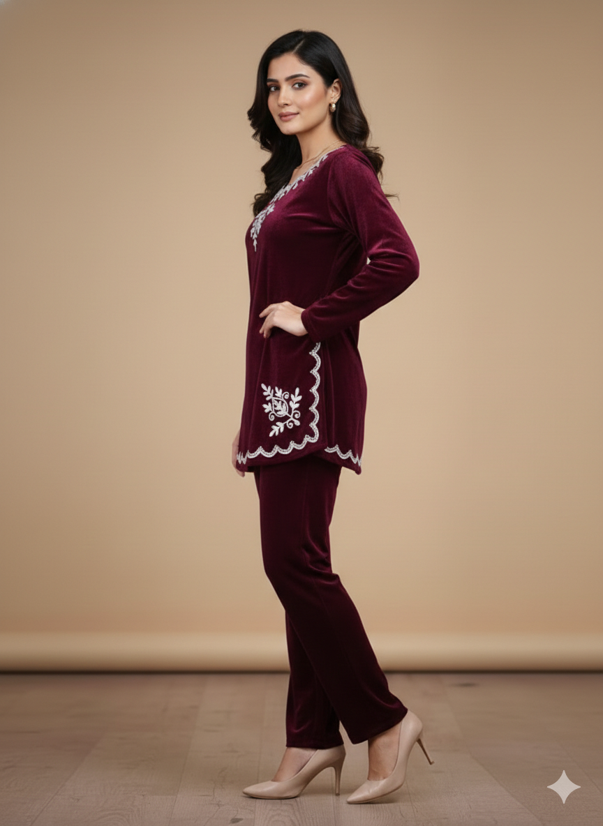 Wine Embroidered Velvet Cord Set