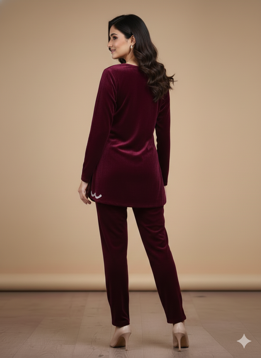 Wine Embroidered Velvet Cord Set