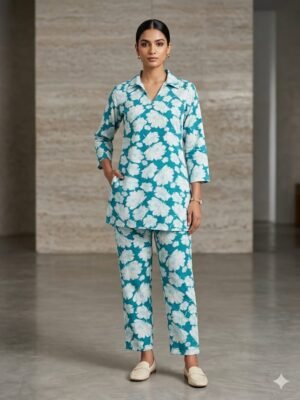 Sea Green Floral Print Cotton Cord Set with Pocket for Women