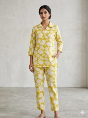 Yellow Floral Print Cotton Cord Set with Pocket for Women