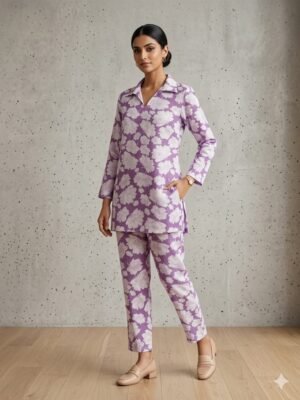 Lavender Floral Print Cotton Cord Set with Pocket for Women