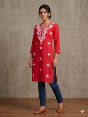 Red embroidered single kurti