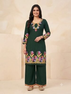 Elegant Dark Green Embroidered Kurta with Palazzo for Women