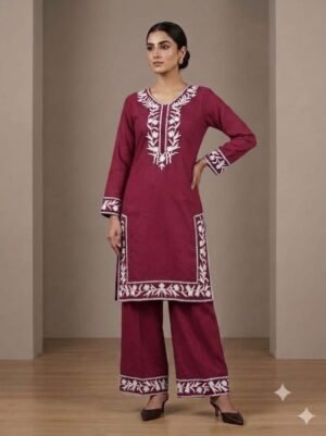 Elegant Maroon Embroidered Long Cord Set with Palazzo for Women