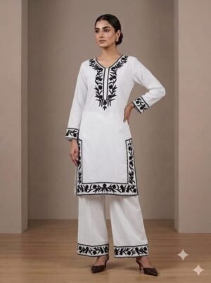 Elegant White Embroidered Long Cord Set with Palazzo for Women