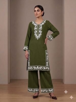 Elegant Dark Green Embroidered Long Cord Set with Palazzo for Women