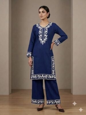 Elegant Navy Blue Embroidered Long Cord Set with Palazzo for Women