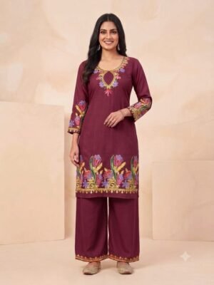 Elegant Red Embroidered Kurta with Palazzo for Women