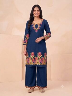 Elegant Navy Blue Embroidered Kurta with Palazzo for Women