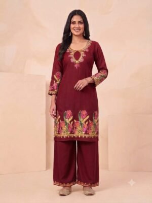 Elegant Maroon Embroidered Kurta with Palazzo for Women