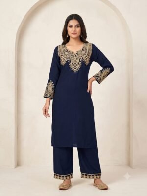 Black Embroidered Long Cord Set for Women