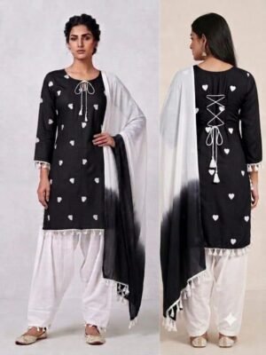 Black Heart Printed Back Dori Kurti and Salwaar Set with Dupatta for Women