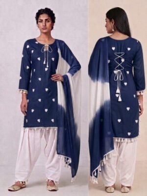 Blue Heart Printed Back Dori Kurti and Salwaar Set with Dupatta for Women