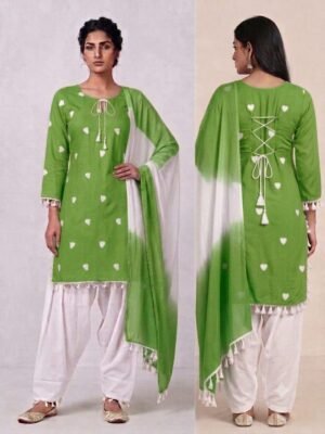 Dark Green Heart Printed Back Dori Kurti and Salwaar Set with Dupatta for Women