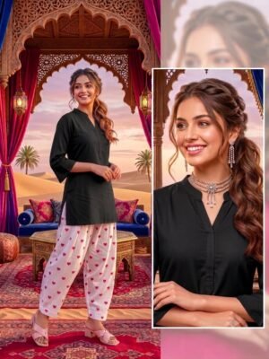 Elegant Black Solid Kurta with Heart Print Palazzo Set for Women