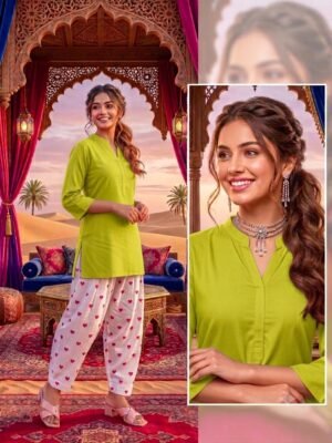 Elegant Parrot Green Solid Kurta with Heart Print Palazzo Set for Women