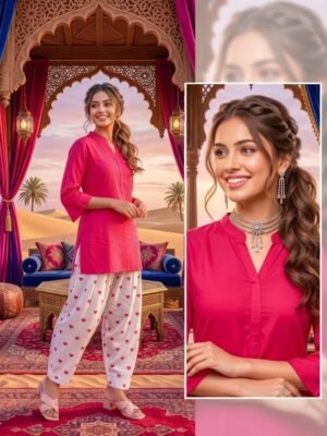 Elegant Pink Solid Kurta with Heart Print Palazzo Set for Women