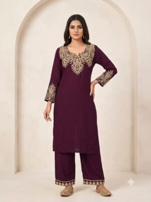 Maroon Embroidered Long Cord Set for Women
