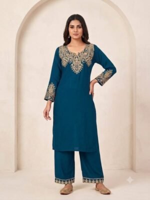 Sea Green Embroidered Long Cord Set for Women