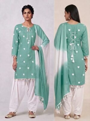 Teal Green Heart Printed Back Dori Kurti and Salwaar Set with Dupatta for Women