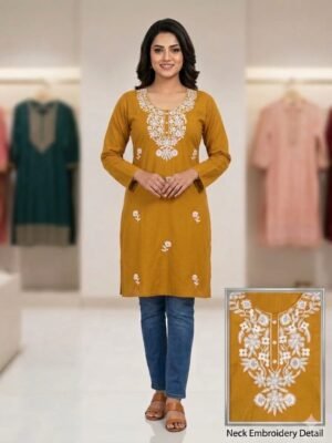mustard yellow embroidered single kurti