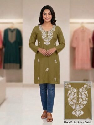 Olive green embroidered single kurti