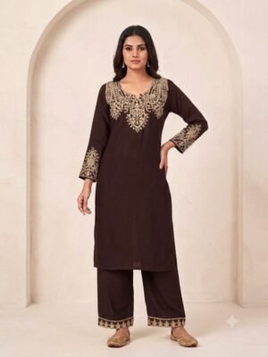 Wine Embroidered Long Cord Set for Women