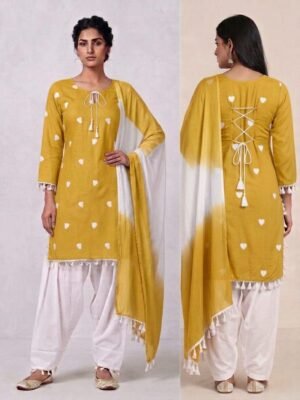 Yellow Heart Printed Back Dori Kurti and Salwaar Set with Dupatta for Women