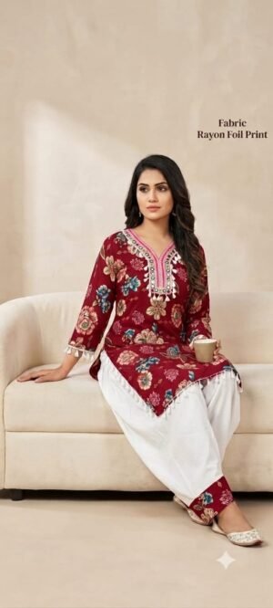 Ethnic Maroon Rayon Foil Print Kurti and Salwaar Set