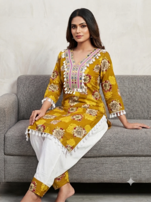 Ethnic Yellow Rayon Foil Print Kurta an Salwaar Set